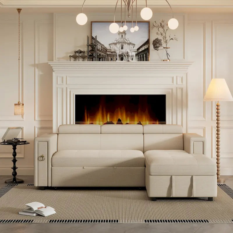 Divano letto componibile beige a L con poggiatesta regolabile e ricarica