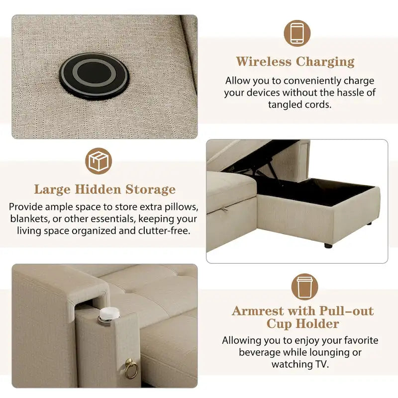 Divano letto componibile beige a L con poggiatesta regolabile e ricarica