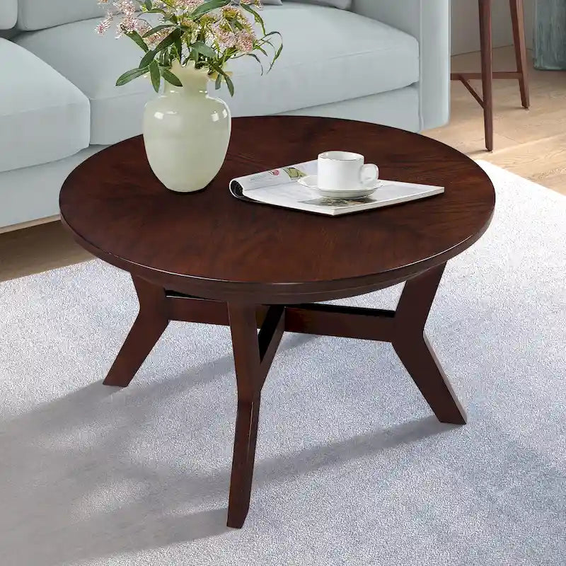 Tavolino da caffè rotondo in legno da 32 pollici per soggiorno, tavolini da caffè circolari in legno in stile fattoria di metà secolo per appartamento, facile da montare