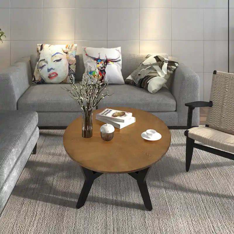 Tavolino da caffè rotondo in legno da 32 pollici per soggiorno, tavolini da caffè circolari in legno in stile fattoria di metà secolo per appartamento, facile da montare