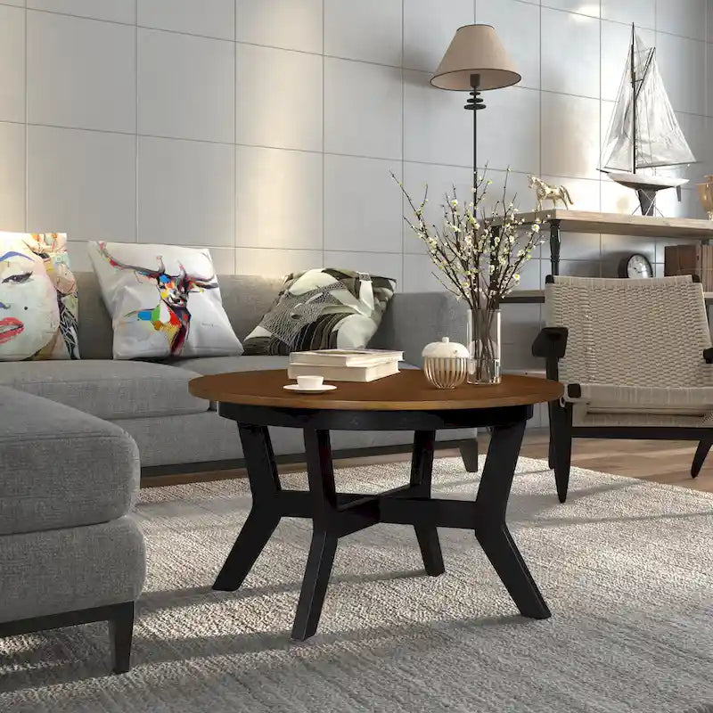 Tavolino da caffè rotondo in legno da 32 pollici per soggiorno, tavolini da caffè circolari in legno in stile fattoria di metà secolo per appartamento, facile da montare