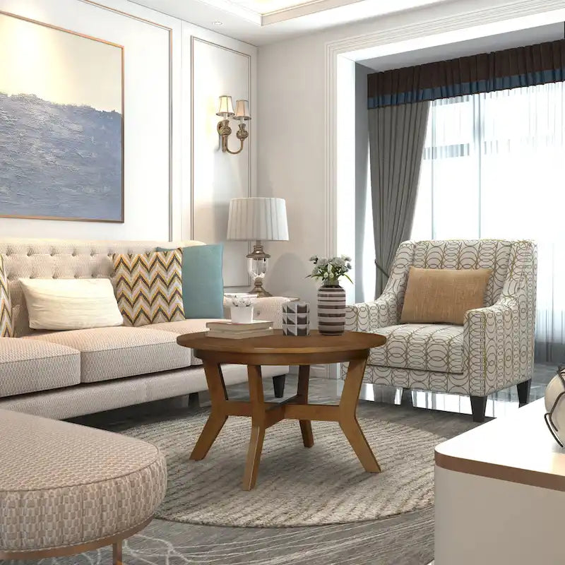 Tavolino da caffè rotondo in legno da 32 pollici per soggiorno, tavolini da caffè circolari in legno in stile fattoria di metà secolo per appartamento, facile da montare