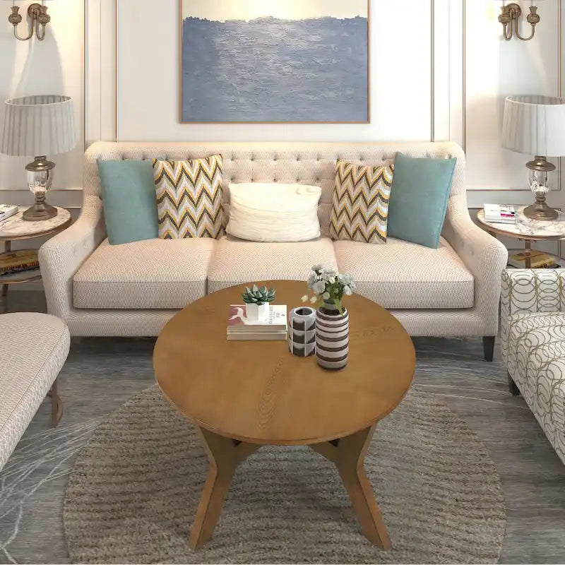 Tavolino da caffè rotondo in legno da 32 pollici per soggiorno, tavolini da caffè circolari in legno in stile fattoria di metà secolo per appartamento, facile da montare