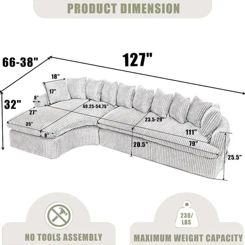 Divano componibile modulare a L imbottito in velluto a coste da 127 pollici con 10 cuscini, schiuma ad alta resilienza, non richiede montaggio