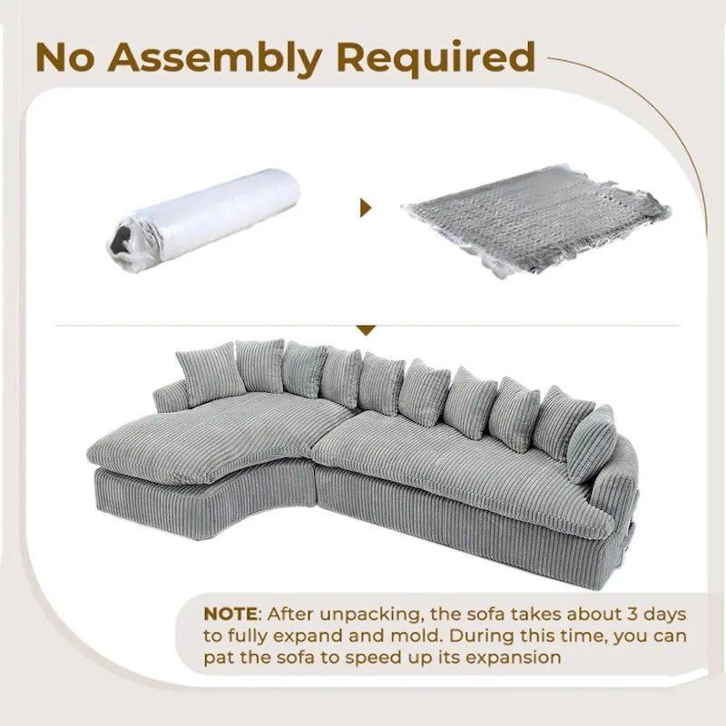 Divano componibile modulare a L imbottito in velluto a coste da 127 pollici con 10 cuscini, schiuma ad alta resilienza, non richiede montaggio