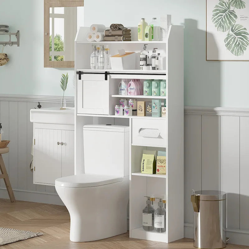 Mobiletto portaoggetti sopra il WC Javlergo con struttura in metallo e ripiani portaoggetti, organizer per bagno con ripiani regolabili