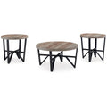 Hya 3pc Coffee and End Table Set, Brown Wood Round Top, Black Angular