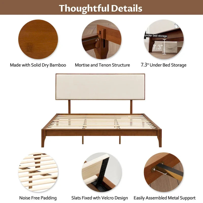 Elegante letto a piattaforma in legno massello di bambù con testiera imbottita regolabile