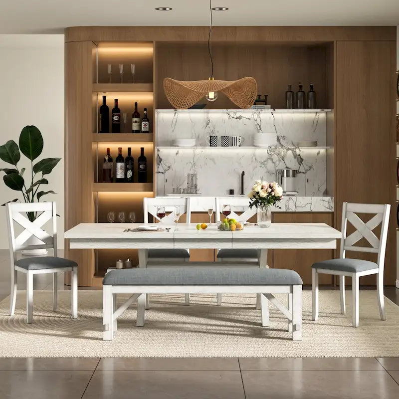 Set da pranzo VECELO con panca, tavolo da pranzo rettangolare estensibile in legno massello e 4 sedie da pranzo in legno massello