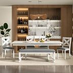 Set da pranzo VECELO con panca, tavolo da pranzo rettangolare estensibile in legno massello e 4 sedie da pranzo in legno massello