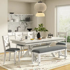 Set da pranzo VECELO con panca, tavolo da pranzo rettangolare estensibile in legno massello e 4 sedie da pranzo in legno massello