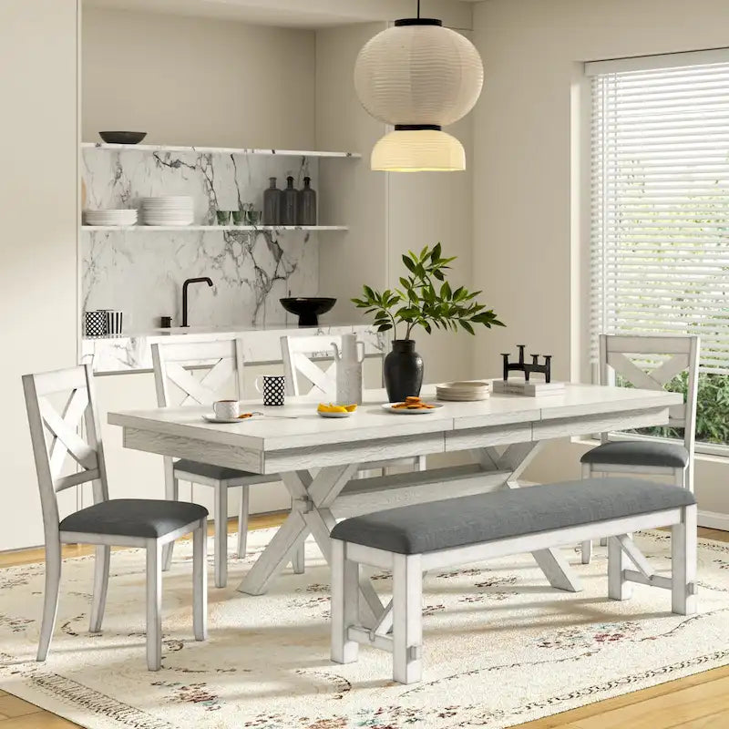 Set da pranzo VECELO con panca, tavolo da pranzo rettangolare estensibile in legno massello e 4 sedie da pranzo in legno massello