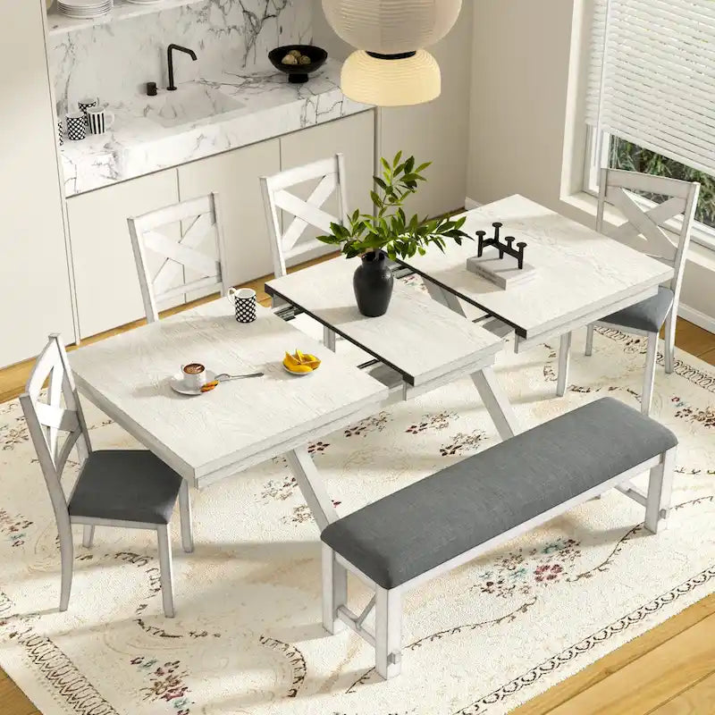 Set da pranzo VECELO con panca, tavolo da pranzo rettangolare estensibile in legno massello e 4 sedie da pranzo in legno massello