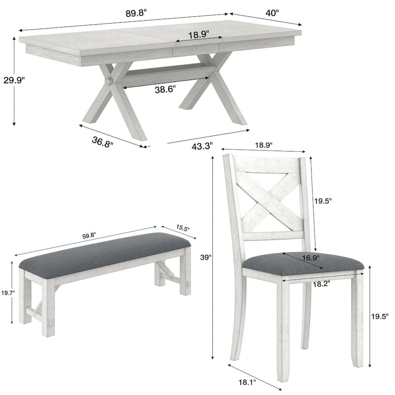Set da pranzo VECELO con panca, tavolo da pranzo rettangolare estensibile in legno massello e 4 sedie da pranzo in legno massello