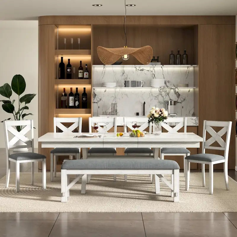 Set da pranzo VECELO con panca, tavolo da pranzo rettangolare estensibile in legno massello e 4 sedie da pranzo in legno massello