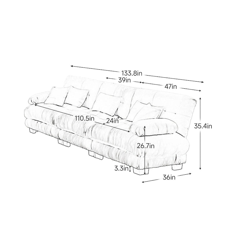 Divano 133.8 Chenille a 4 posti con braccioli rotondi, cuscini di seduta profondi per soggiorno