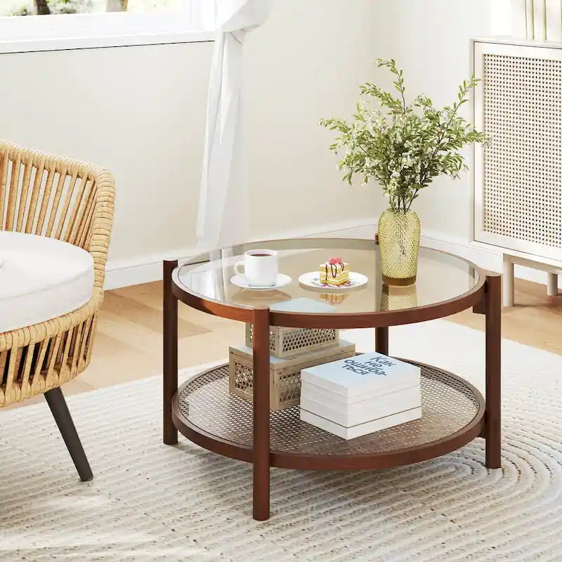 Tavolino da caffè rotondo Costway in legno da 31 pollici con piano in vetro temperato fatto a mano - Ciliegio+Trasparente - Vedi dettagli