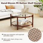 Tavolino da caffè rotondo Costway in legno da 31 pollici con piano in vetro temperato fatto a mano - Ciliegio+Trasparente - Vedi dettagli