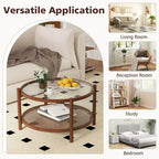 Tavolino da caffè rotondo Costway in legno da 31 pollici con piano in vetro temperato fatto a mano - Ciliegio+Trasparente - Vedi dettagli