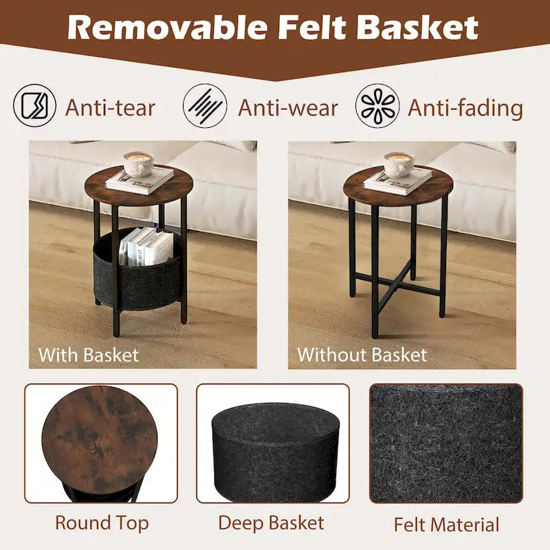 Costway 1/2 pz Tavolino rotondo con cestino portaoggetti in feltro in metallo robusto