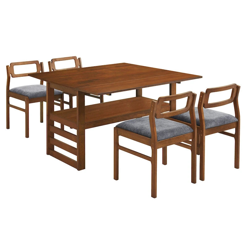 Set di tavolo da pranzo e sedie in legno estensibile, set di tavolo da pranzo e sedie in stile moderno di metà secolo con 2 ante a ribalta e ripiano portaoggetti