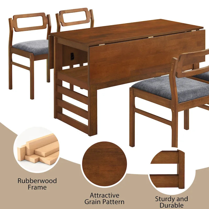 Set di tavolo da pranzo e sedie in legno estensibile, set di tavolo da pranzo e sedie in stile moderno di metà secolo con 2 ante a ribalta e ripiano portaoggetti