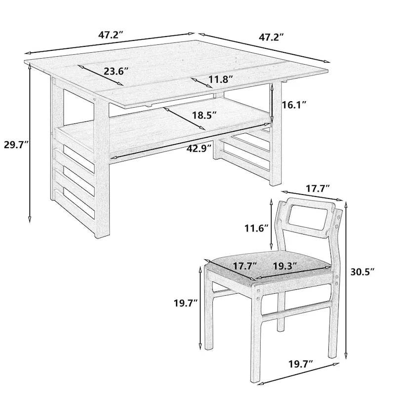 Set di tavolo da pranzo e sedie in legno estensibile, set di tavolo da pranzo e sedie in stile moderno di metà secolo con 2 ante a ribalta e ripiano portaoggetti