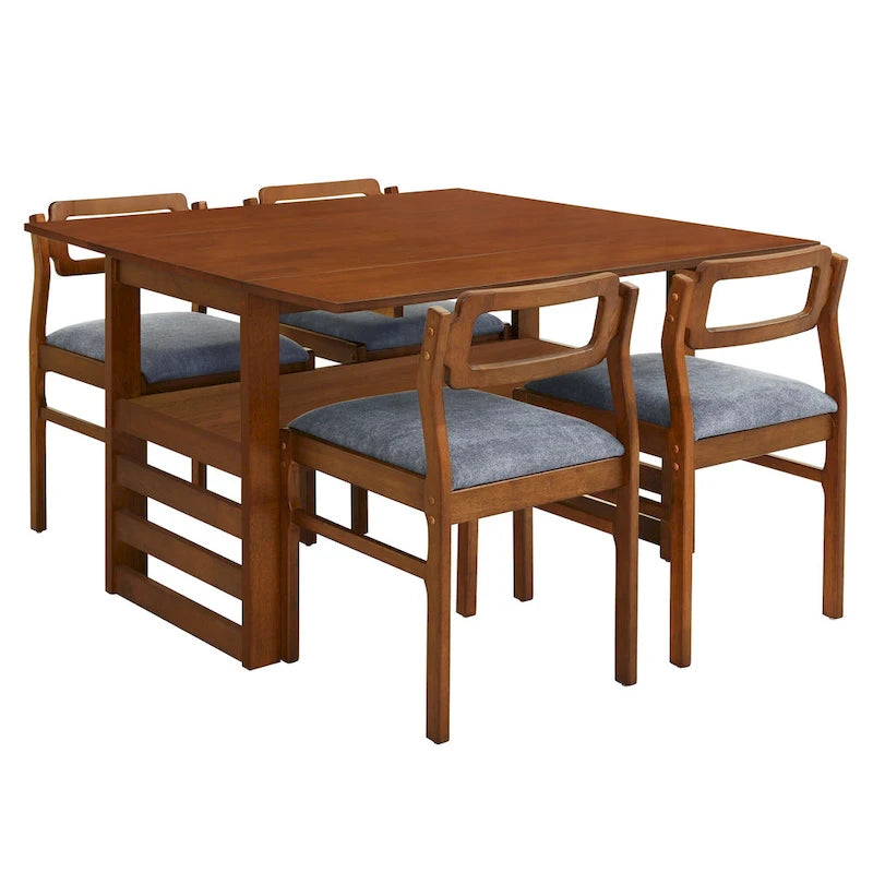Set di tavolo da pranzo e sedie in legno estensibile, set di tavolo da pranzo e sedie in stile moderno di metà secolo con 2 ante a ribalta e ripiano portaoggetti