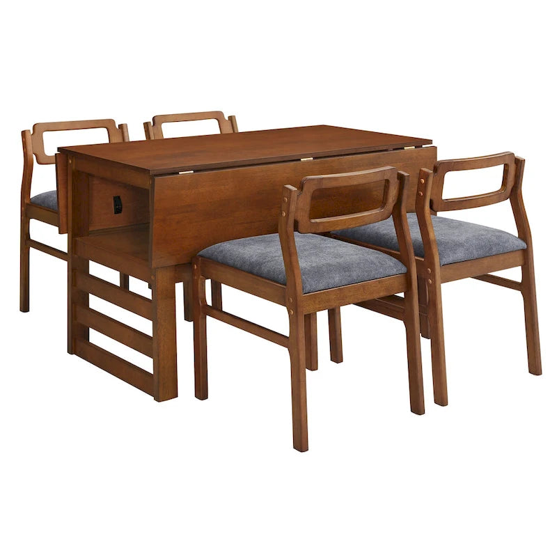 Set di tavolo da pranzo e sedie in legno estensibile, set di tavolo da pranzo e sedie in stile moderno di metà secolo con 2 ante a ribalta e ripiano portaoggetti