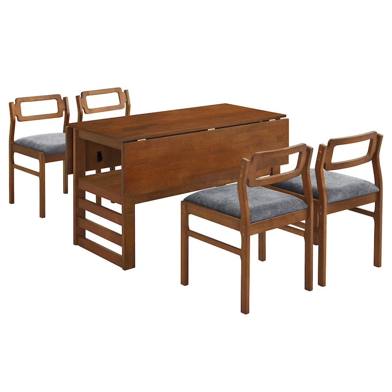 Set di tavolo da pranzo e sedie in legno estensibile, set di tavolo da pranzo e sedie in stile moderno di metà secolo con 2 ante a ribalta e ripiano portaoggetti