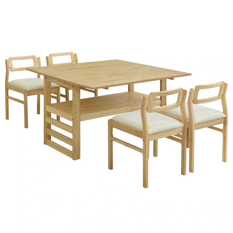 Set di tavolo da pranzo e sedie in legno estensibile, set di tavolo da pranzo e sedie in stile moderno di metà secolo con 2 ante a ribalta e ripiano portaoggetti
