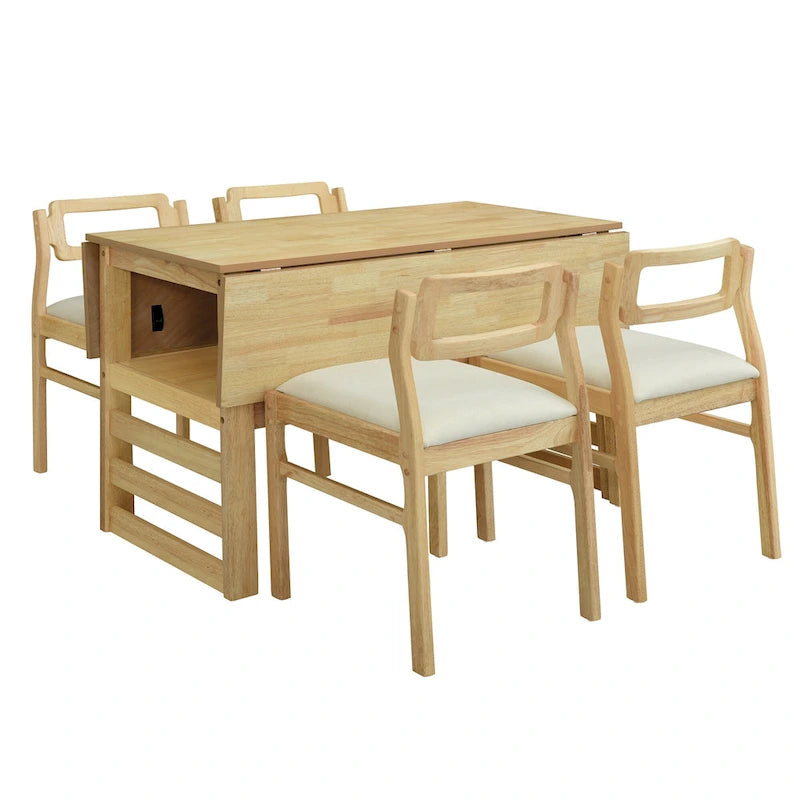 Set di tavolo da pranzo e sedie in legno estensibile, set di tavolo da pranzo e sedie in stile moderno di metà secolo con 2 ante a ribalta e ripiano portaoggetti