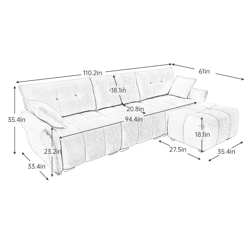 110.2 Set divano a 3 posti in ciniglia con pouf e cuscini, struttura in legno massello e cuscini ad alta resilienza