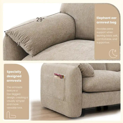 Divano componibile modulare a forma di U in ciniglia da 140 cm con sedute larghe 31,5 cm, caricabatterie USB/Type-C e tasche portaoggetti