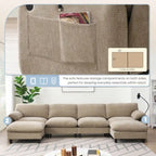 Divano componibile modulare a forma di U in ciniglia da 140 cm con sedute larghe 31,5 cm, caricabatterie USB/Type-C e tasche portaoggetti