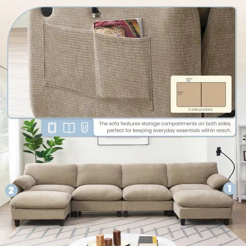 Divano componibile modulare a forma di U in ciniglia da 140 cm con sedute larghe 31,5 cm, caricabatterie USB/Type-C e tasche portaoggetti