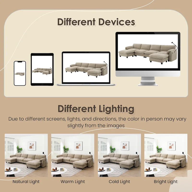 Divano componibile modulare a forma di U in ciniglia da 140 cm con sedute larghe 31,5 cm, caricabatterie USB/Type-C e tasche portaoggetti