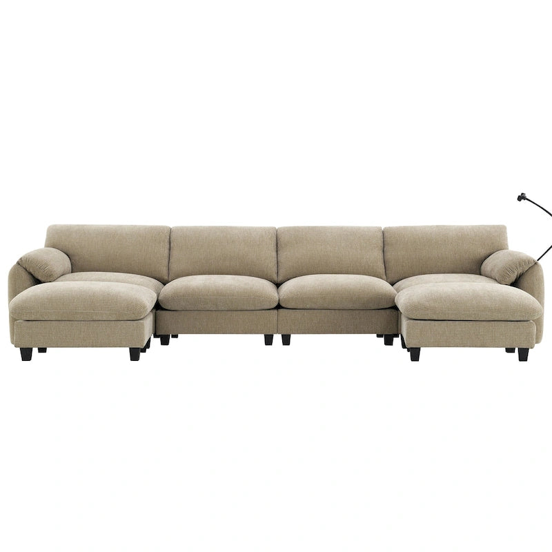 Divano componibile modulare a forma di U in ciniglia da 140 cm con sedute larghe 31,5 cm, caricabatterie USB/Type-C e tasche portaoggetti