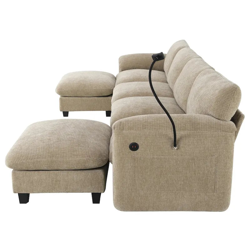 Divano componibile modulare a forma di U in ciniglia da 140 cm con sedute larghe 31,5 cm, caricabatterie USB/Type-C e tasche portaoggetti