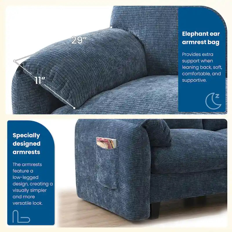 Divano componibile modulare a forma di U in ciniglia da 140 cm con sedute larghe 31,5 cm, caricabatterie USB/Type-C e tasche portaoggetti