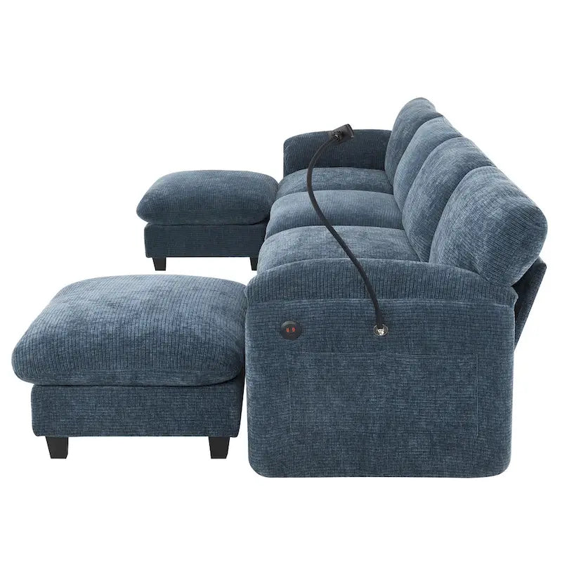 Divano componibile modulare a forma di U in ciniglia da 140 cm con sedute larghe 31,5 cm, caricabatterie USB/Type-C e tasche portaoggetti