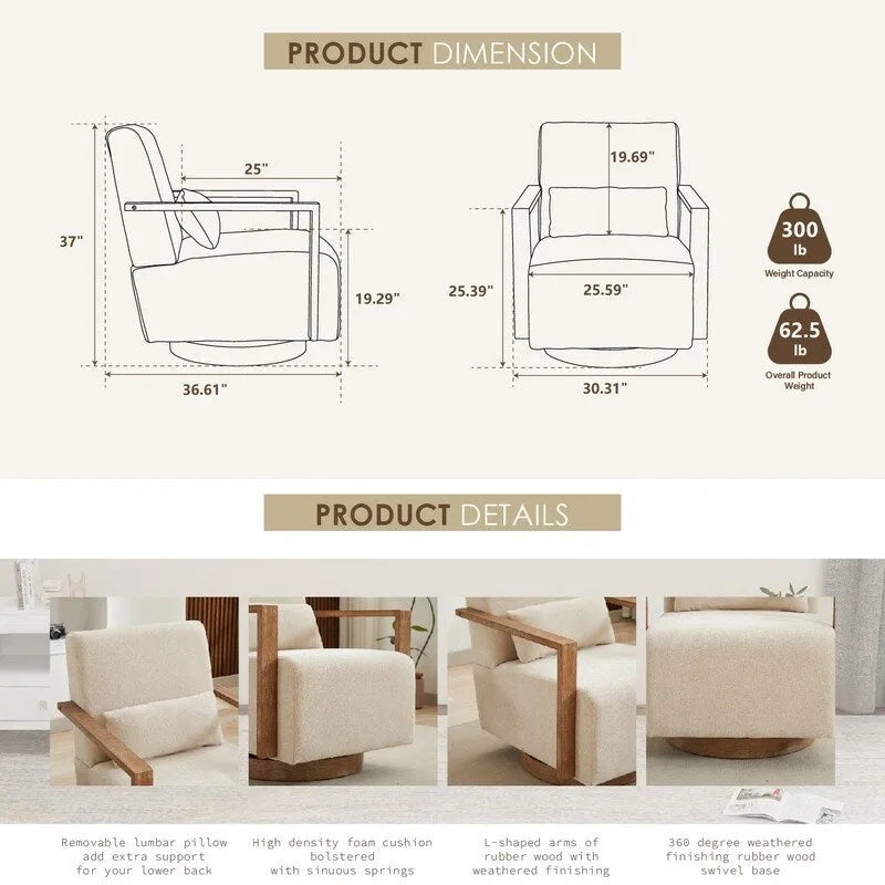 Poltrona girevole a 360 gradi con braccioli e base in legno massello