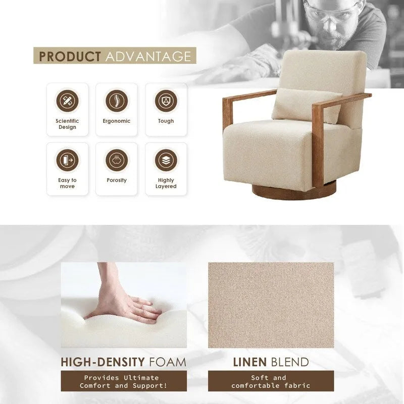 Poltrona girevole a 360 gradi con braccioli e base in legno massello