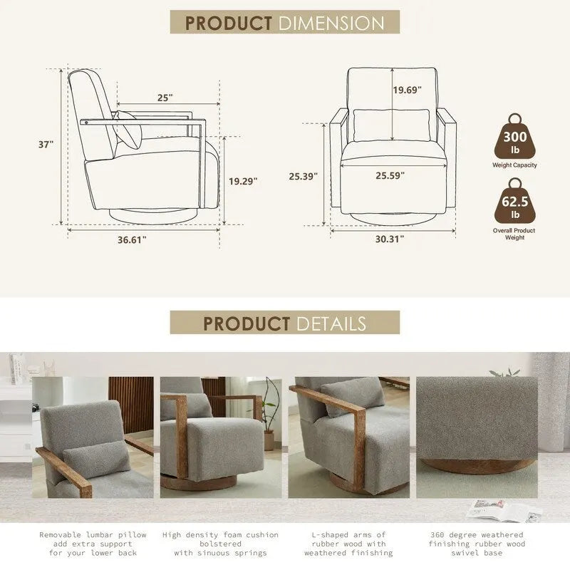 Poltrona girevole a 360 gradi con braccioli e base in legno massello