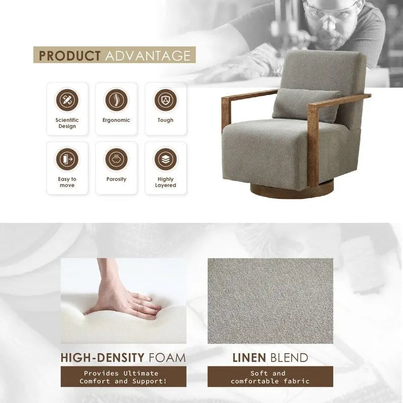 Poltrona girevole a 360 gradi con braccioli e base in legno massello