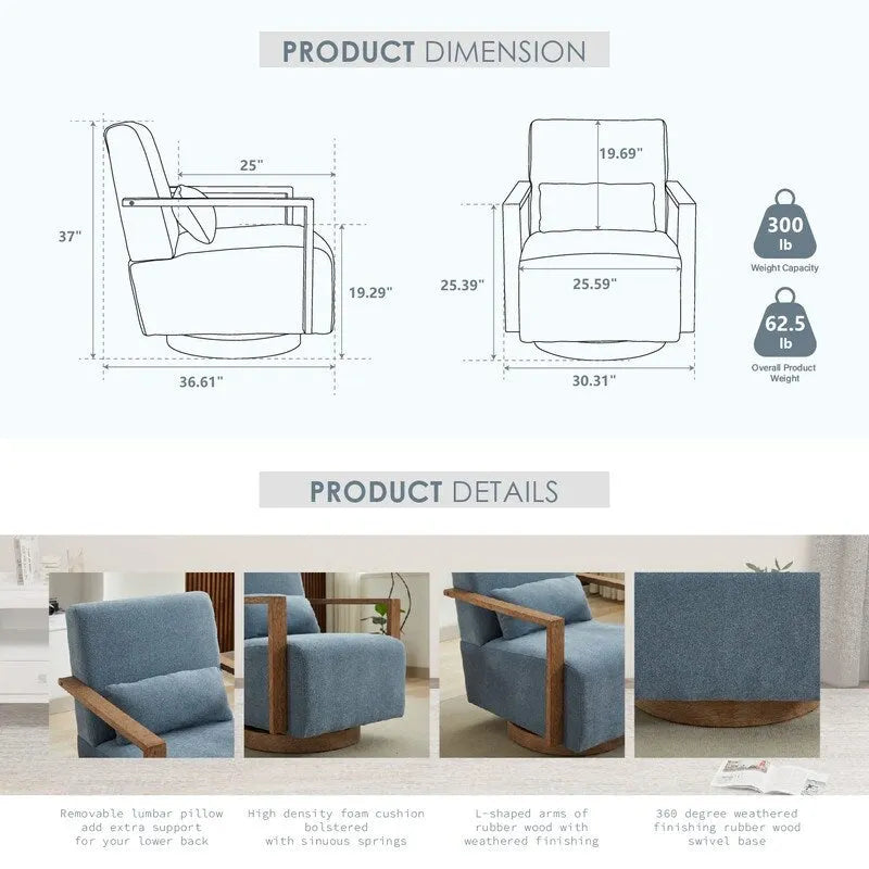 Poltrona girevole a 360 gradi con braccioli e base in legno massello