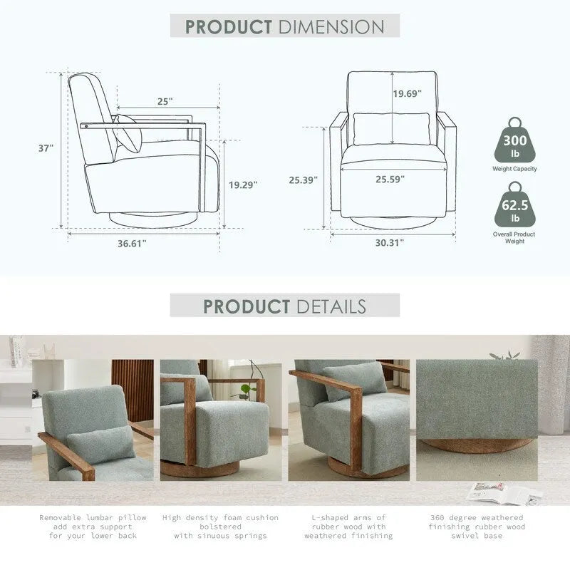 Poltrona girevole a 360 gradi con braccioli e base in legno massello