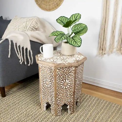 Tavolino laterale ottagonale in noce marrone e bianco spazzolato