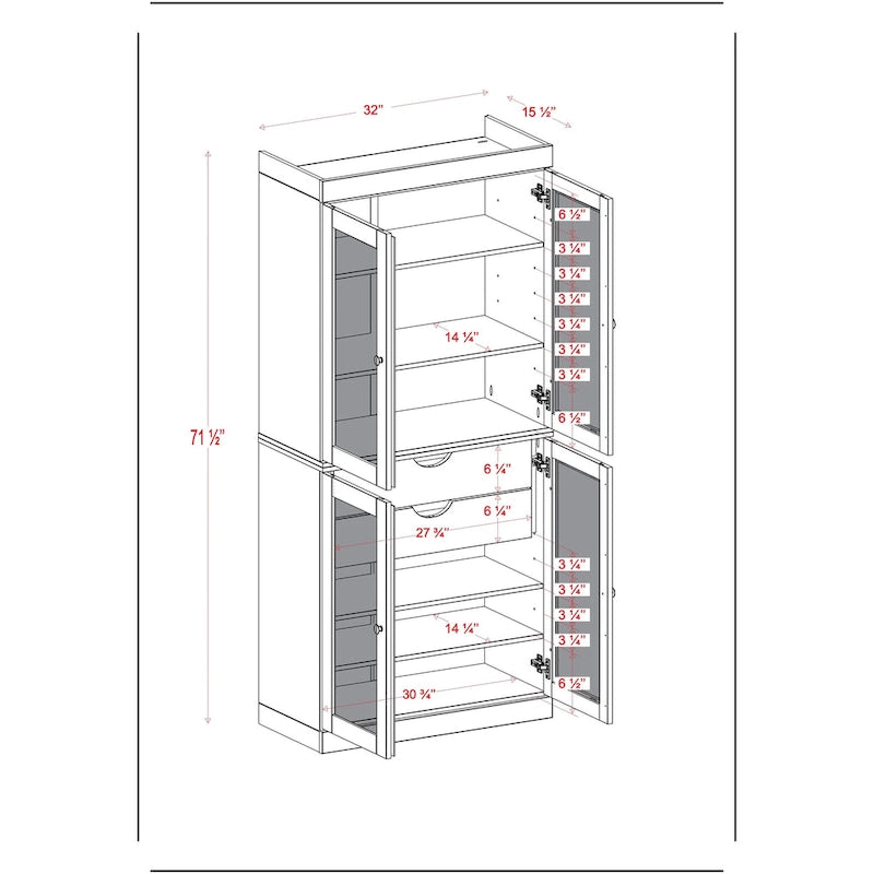 Mobile dispensa Palace Imports in legno massello al 100% con ante in vetro smerigliato, 2 cassetti e ripiani regolabili - 32 x 71,5