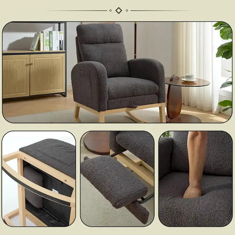 Moderna sedia a dondolo imbottita con schienale alto da 29,5 pollici, gambe in legno massello e poggiapiedi regolabile